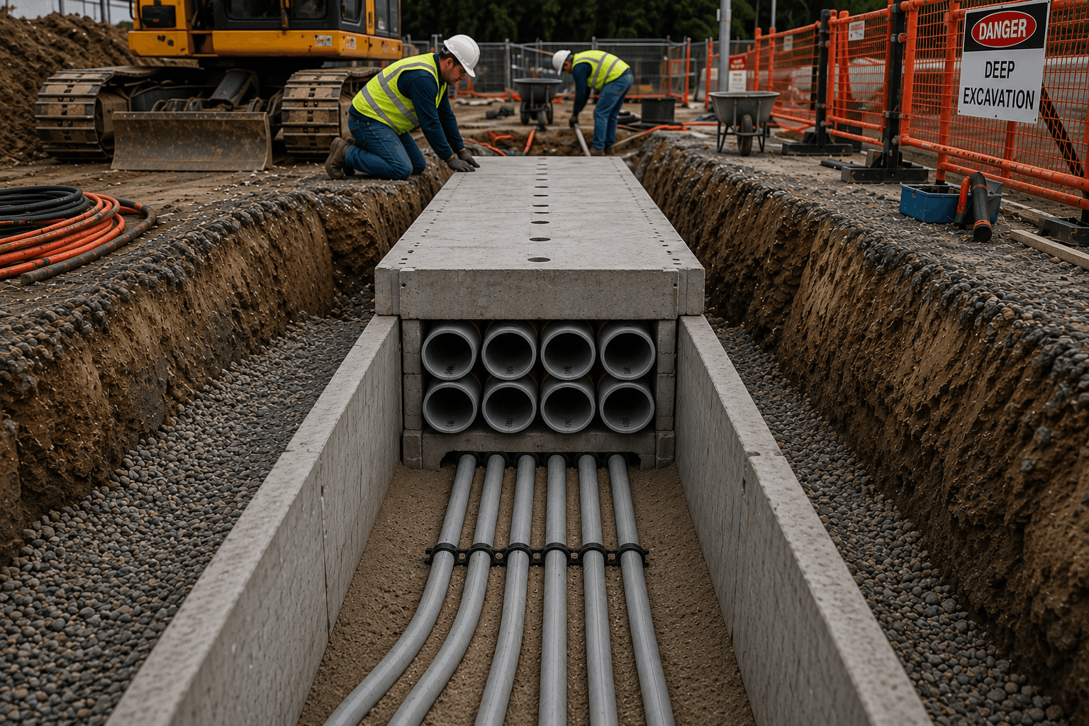 Multi-way duct bank installed in a deep excavation with concrete surround