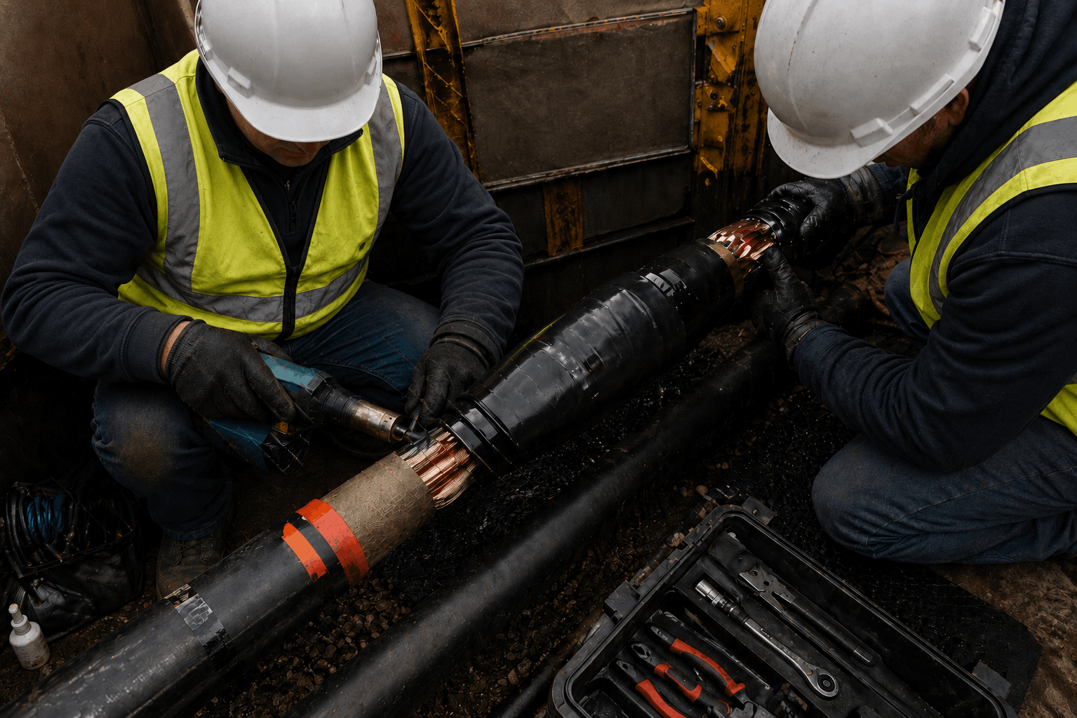 Certified cable jointers installing a 33kV heat-shrink joint