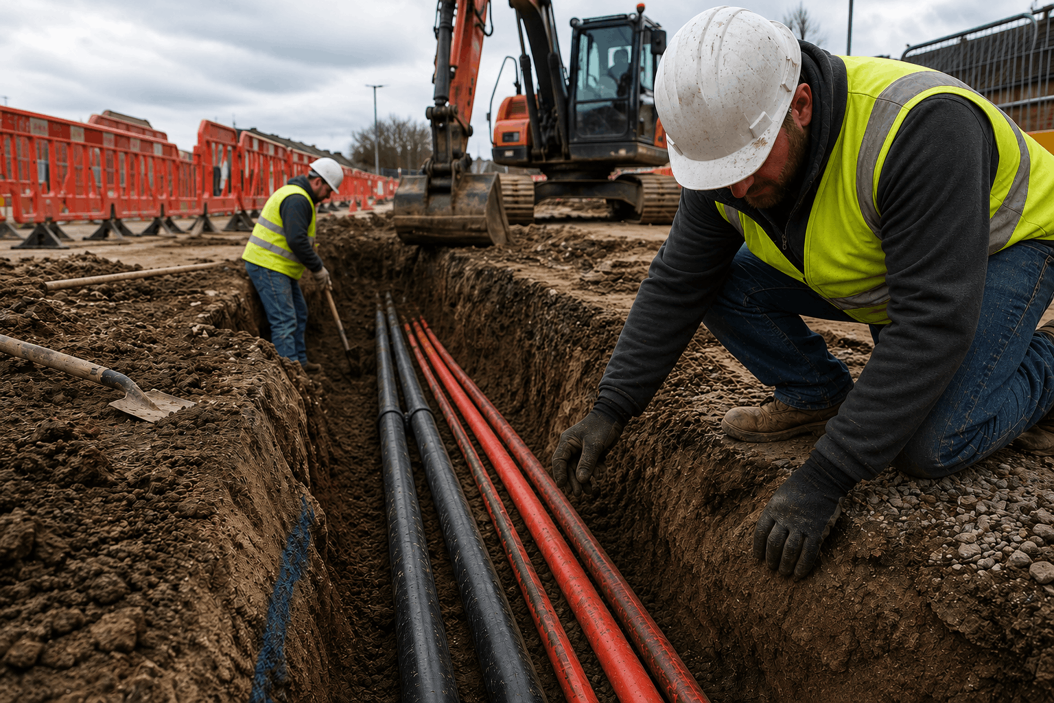Electrical Excavations crew laying cables with electric cable warning tape