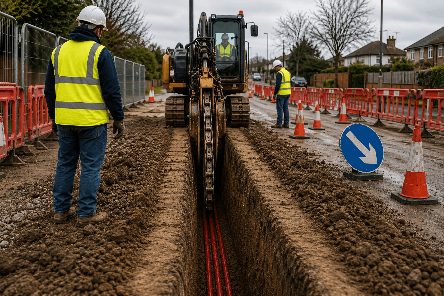 Utility trench being dug through a residential street with barriers set up